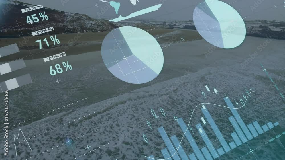 Aufkleber hud materializing over beach panorama visualizing analytics with shifting charts and pulsing gauges