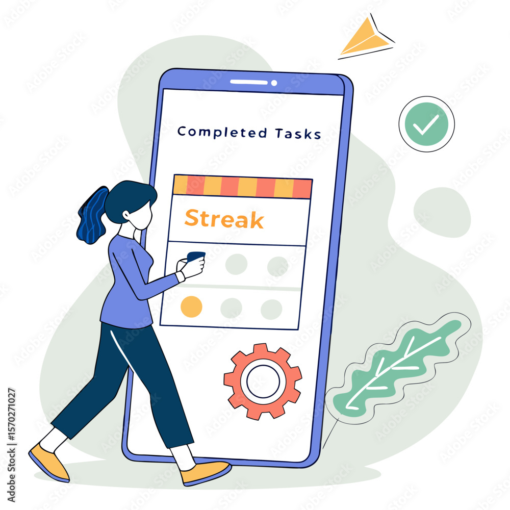 Poster woman interacting with a mobile phone displaying completed tasks streak with check mark and gear ico