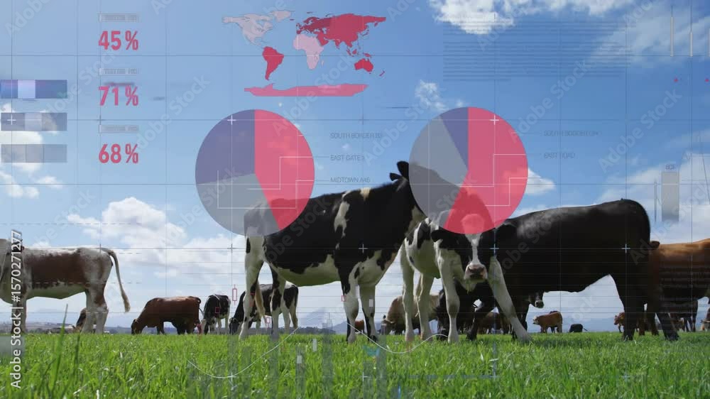 Aufkleber upon grazing start, dairy cows grazing overlaying data fading animating charts showing milk output