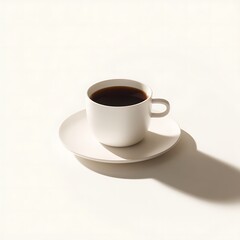 White coffee cup and saucer on a white surface.