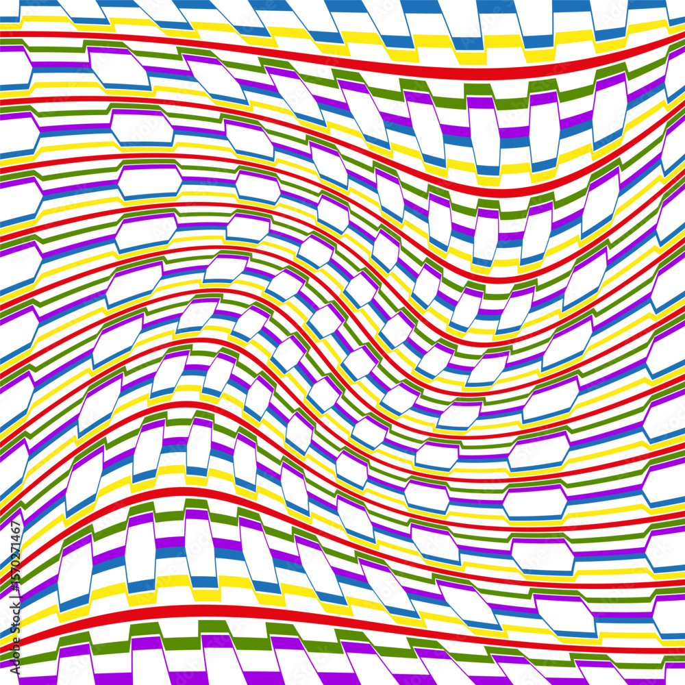 Poster wavy stripe pattern. rainbow warp vector. optical ripple illusion. dynamic flow art.