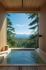 AI Generative. Serene Outdoor Bath with Mountain View - Relaxation and Nature. 1