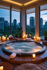 AI Generative. Jacuzzi Outdoor Bath with Cityscape View - Relaxation and Nature. 3
