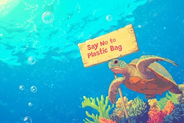 Cartoon Sea Turtle Holding Protest Sign Underwater Promoting Ocean Conservation and Anti-Plastic Message.