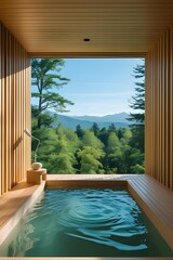 AI Generative. Serene Outdoor Bath with Mountain View - Relaxation and Nature. 4