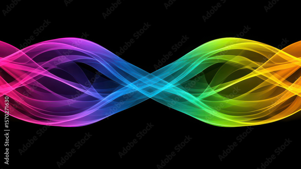 Poster vibrant flowing waves of colorful light on black background, abstract energy motion with smooth curv