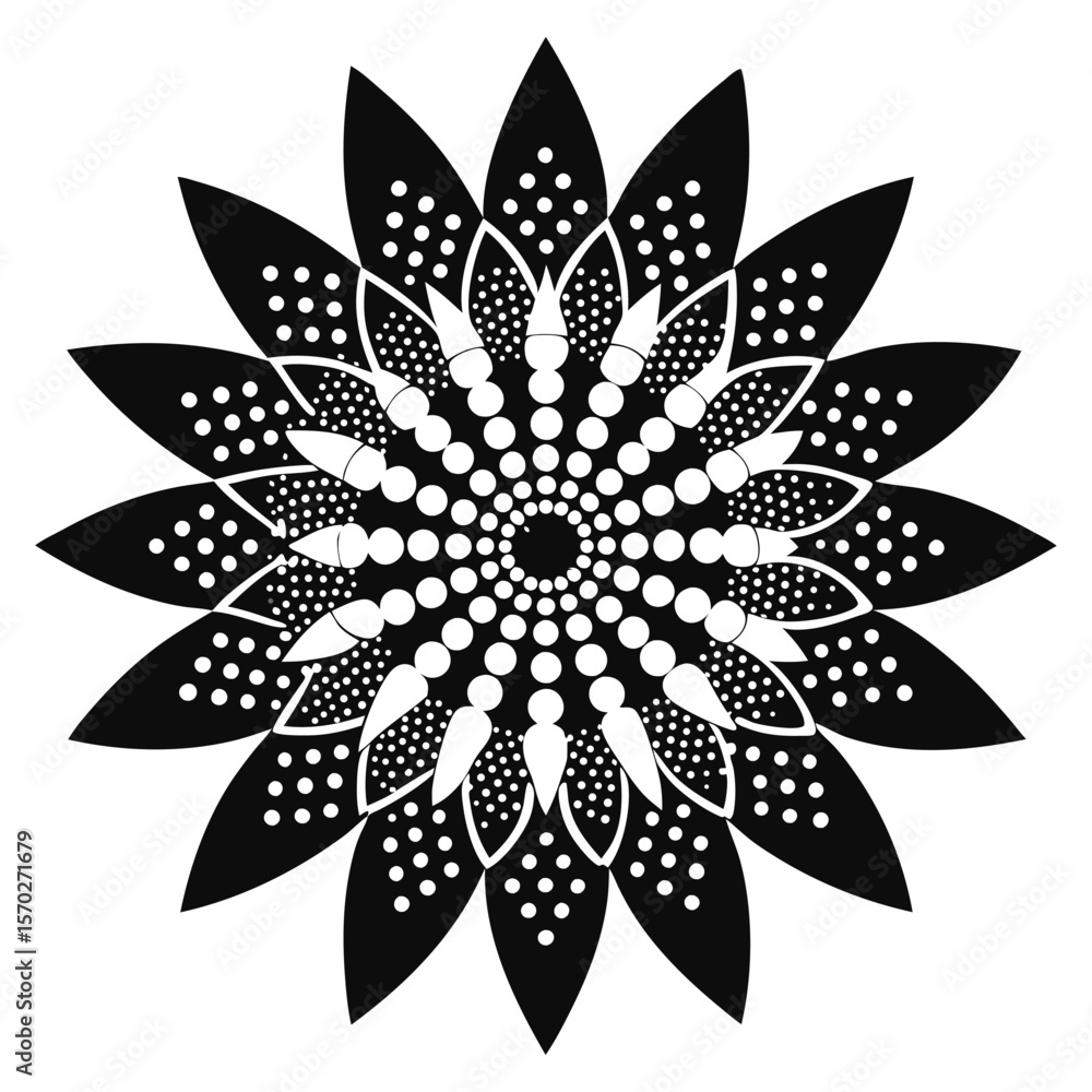 Poster abstract black dotted flower like pattern with a central element