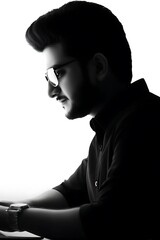 Profile view of a man in a black shirt, wearing glasses.