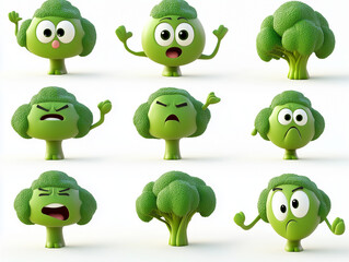 Nine broccoli cartoon characters showing different emotions