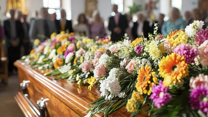 Wooden Coffin Surrounded by Colorful Flowers with Mourning Crowd in Background at Funeral Service