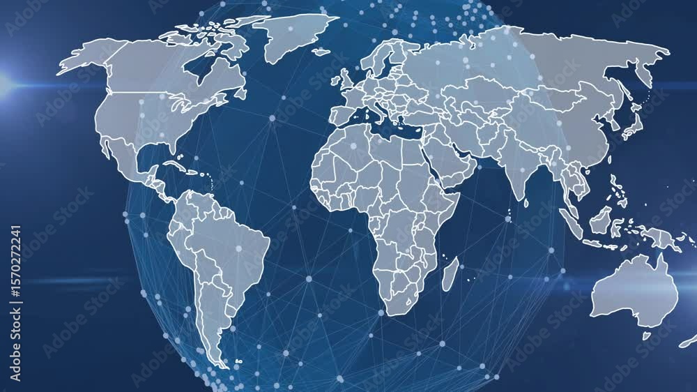 Poster partial 3d mesh globe revealing americas rotating worldwide pulsing nodes showing global network