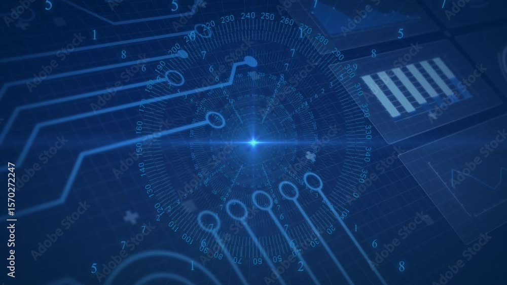Poster deep blue grid fading in initiating hud dial expanding rotating with circuit lines visualizing data
