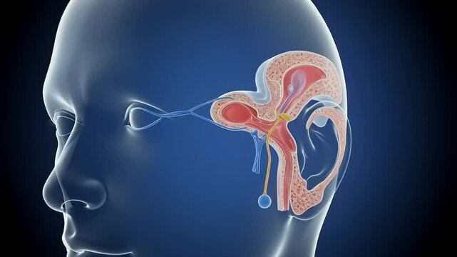 Detailed anatomical illustration of human ear structure, highlighting auditory pathways and functions