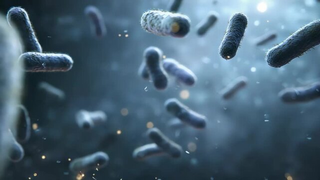 Microscopic Bacteria Floating in Dark Blue Aquatic Environment with Soft Focus