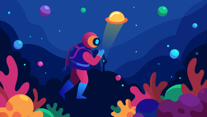 A vibrant cartoon vector illustration of a dancing couple and a dancing girl under a blue night sky with moon and stars, reflecting abstract light on the ocean water with fish