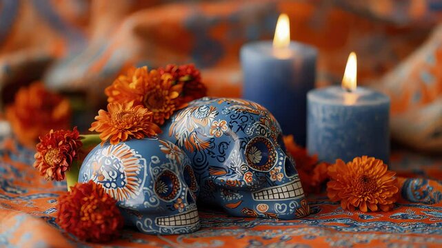 Dia de los Muertos Altar with Marigolds, Calaveras, and Blue Candles Illuminating a Vibrant Ofrenda