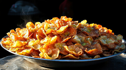 Golden Crispy Snacks on a Platter with Steam Rising in Street Food Setting, Freshly Made Treats Ready to Enjoy, Appealing Texture and Color