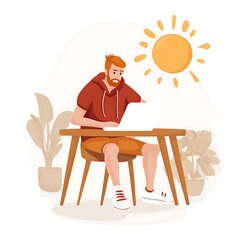A man sits at a table working on a laptop outdoors on a sunny day.