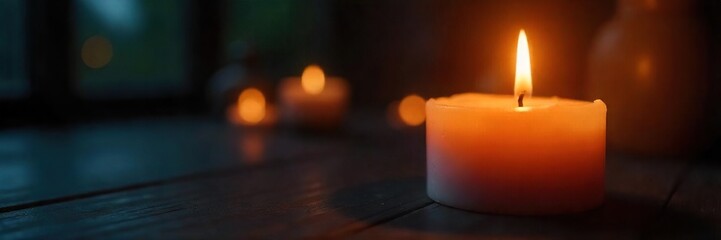 Burning Candle Close-Up Soft Light Illuminating Darkness, Warm & Inviting Atmosphere for Relaxation, Spa, Meditation, Romance