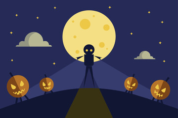 Spooky Halloween night vector illustration with a loving couple silhouette under a blue moonlit sky and stars