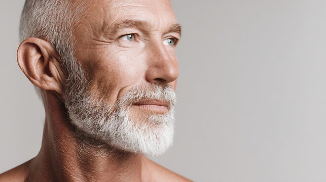 An elderly man sits facing slightly to the right, looking away from the camera, tagline text on the left, with a cream-gray background.
