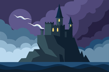 A spooky, haunted castle on a hill, silhouetted against an October moonlit sky with bats flying among dark, twisted trees