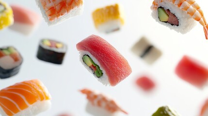Capture a stunning, realistic image of floating sushi pieces against a pristine white background, showcasing their vibrant colors and delicate textures in a serene and minimalistic composition
