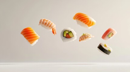 Capture a stunning, realistic image of floating sushi pieces against a pristine white background, showcasing their vibrant colors and delicate textures in a serene and minimalistic composition