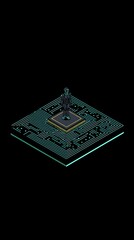 Futuristic robot standing on a circuit board.