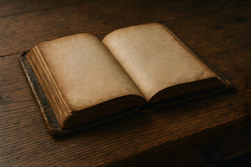 An open, aged book with blank, discolored pages rests on a rustic wooden table, suggesting forgotten tales