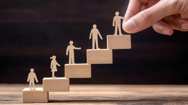 Wooden human figures ascend wooden blocks arranged as stairs, with a hand placing the top figure, symbolizing growth, progress, and leadership.
