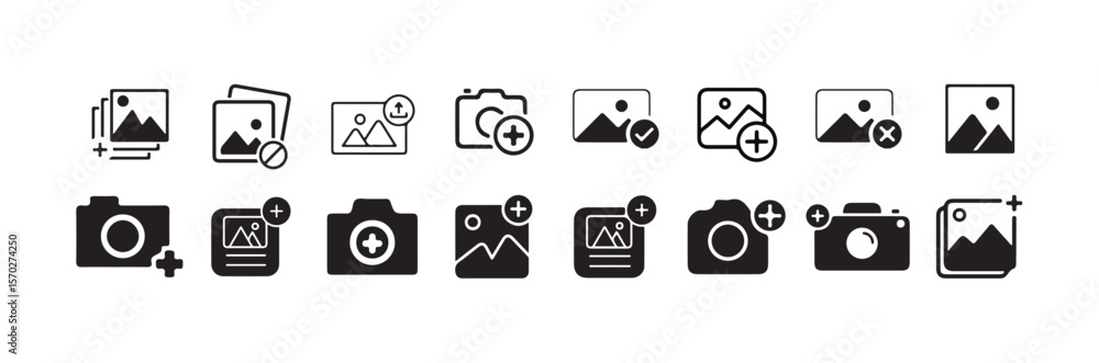 Poster add photo icon, flat, camera icon with plus, add picture button, image upload icon with plus sign, v