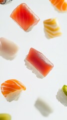 Capture a stunning, realistic image of floating sushi pieces against a pristine white background, showcasing their vibrant colors and delicate textures in a serene and minimalistic composition