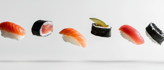 Capture a stunning, realistic image of floating sushi pieces against a pristine white background, showcasing their vibrant colors and delicate textures in a serene and minimalistic composition