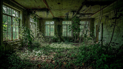 Nature's embrace in an abandoned room