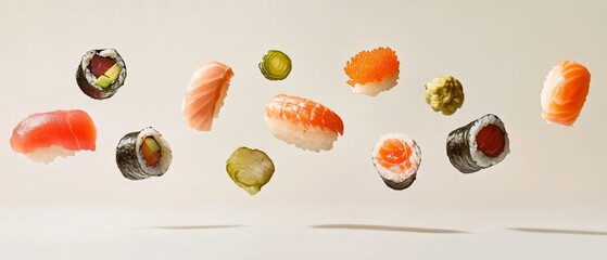 Capture a stunning, realistic image of floating sushi pieces against a pristine white background, showcasing their vibrant colors and delicate textures in a serene and minimalistic composition