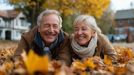 Autumn Bliss: An elderly couple shares a moment of joy and intimacy as they lie among the vibrant autumn leaves, a symbol of enduring love and the beauty of aging.