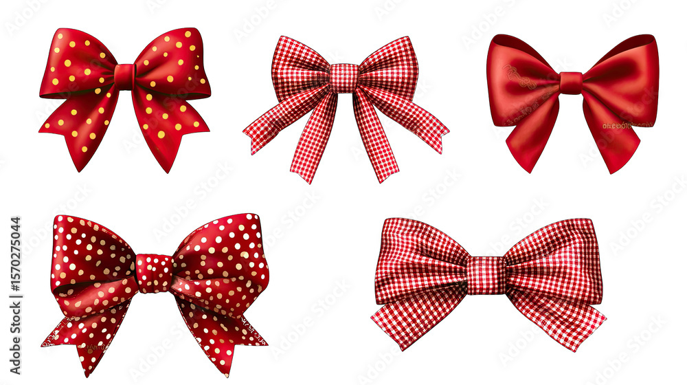 Poster a set of five red bows with various patterns including polka dots and checkered designs all bows are