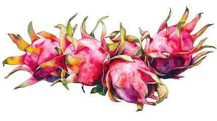 A Watercolor Painting Of Four Dragon Fruits With Vibrant Pink Skin And Green Scales The Fruits Are Arranged In A Cluster With Their Stems Pointing Upwards The Painting Is Set Against A Transparent Bac