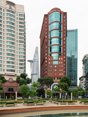 View of skyscrapers in the morning from the Saigon river promenade in Ho Chi Minh, Vietnam