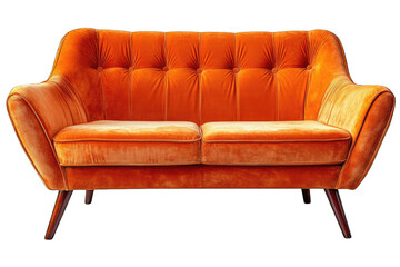 A Bright Orange Velvet Sofa With Tufted Buttons And Wooden Legs Isolated On A Transparent Background