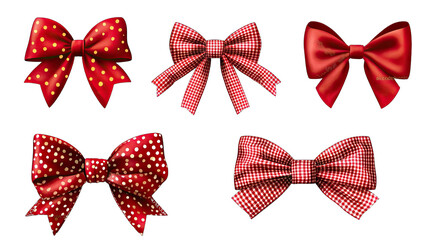A Set Of Five Red Bows With Various Patterns Including Polka Dots And Checkered Designs All Bows Are Isolated On A Transparent Background
