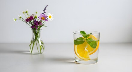 A clear glass of water with a lemon slice and mint leaves is beside a small vase of colorful flowers. The image is a still life with a clean white background