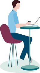 Man seated at a cafe table, working on a laptop.