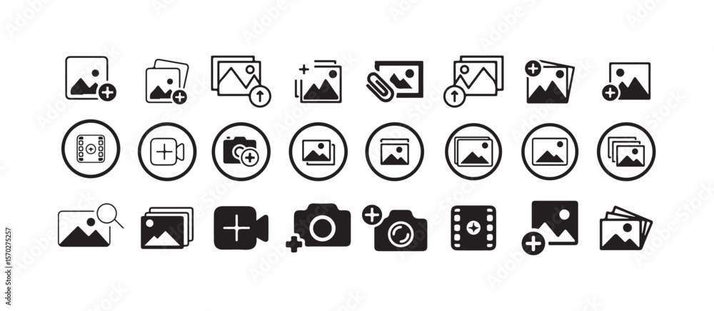 Poster add photo icon, flat, camera icon with plus, add picture button, image upload icon with plus sign, v