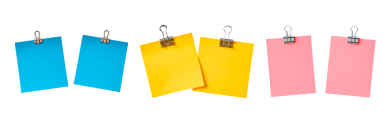 Colorful blank paper sheets with clips for office and school supplies on transparent background, PNG	