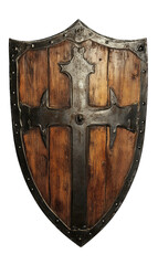 A Medieval Wooden Shield With A Metal Cross In The Center Isolated On A Transparent Background