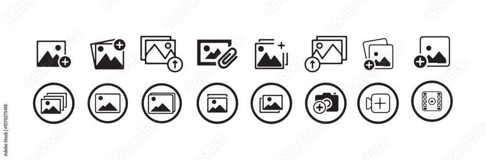 Aufkleber add photo icon, camera with add icon, solid vector style, image button with plus sign, vector illust