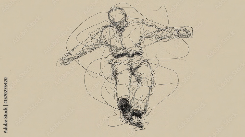 Poster dynamic figure in motion, rendered with intricate linework.
