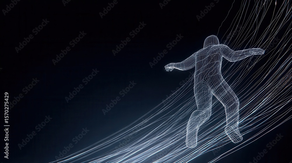 Poster abstract representation of a figure in motion amidst a network of lines.